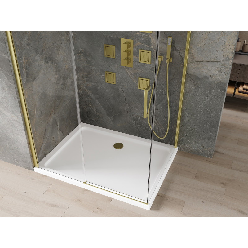 Mexen Omega плъзгаща се душ кабина 100 x 90 см, прозрачна, златна + корито Flat