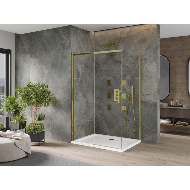 Mexen Omega плъзгаща се душ кабина 110 x 80 см, прозрачна, златна + поддушово