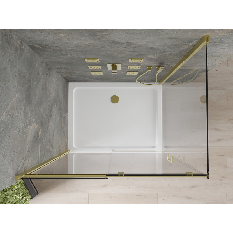 Mexen Omega плъзгаща се душ кабина 110 x 90 см, прозрачна, златна + корито Flat
