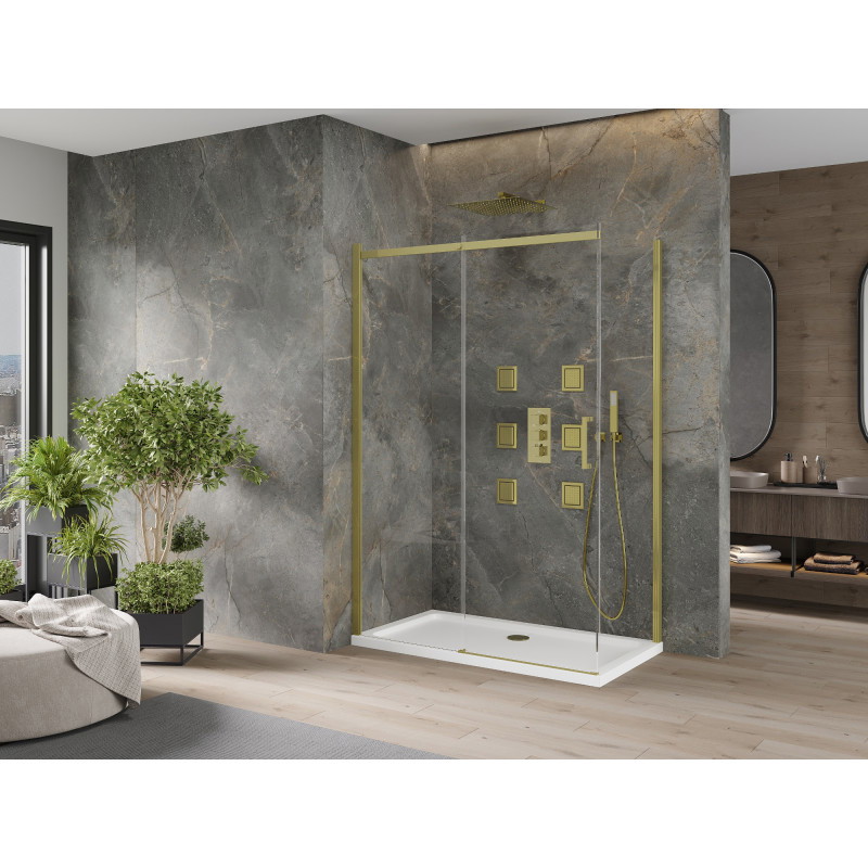 Mexen Omega плъзгаща се душ кабина 130 x 70 см, прозрачна, златиста + поддушово