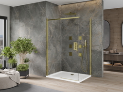 Mexen Omega плъзгаща се душ кабина 130 x 90 см, прозрачна, златна + плосък