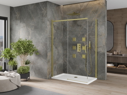Mexen Omega плъзгаща се душ кабина 140 x 70 см, прозрачна, златна + плитка душ