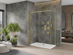 Mexen Omega плъзгаща се душ кабина 140 x 80 см, прозрачна, златна + поддушово