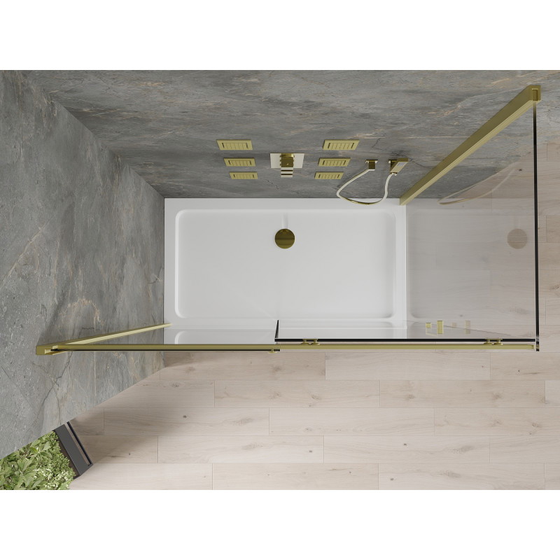 Mexen Omega плъзгаща се душ кабина 140 x 80 см, прозрачна, златна + поддушово