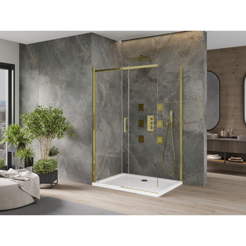 Mexen Omega плъзгаща се душ кабина 140 x 100 см, прозрачна, златна + поддушово