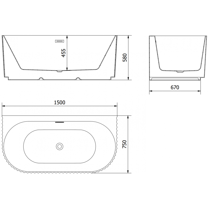 Mexen Sella свободностояща вана прикрепена към стена с релеф 150 x 75 cm, бял гланц, черен преливник - 52711507500-70
