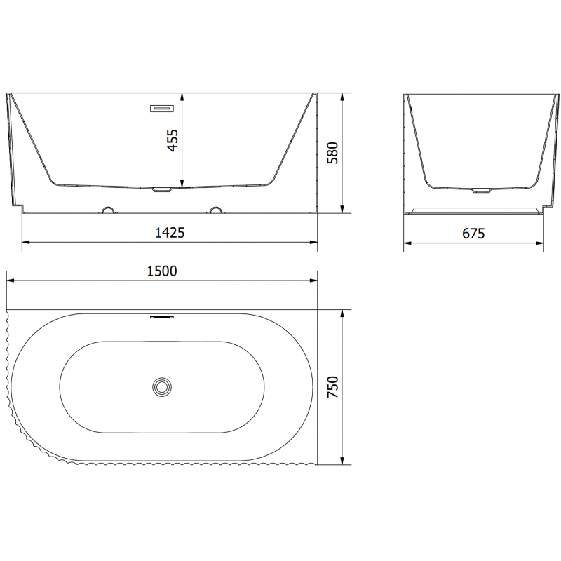 Mexen Gia самостоятелна рифлена вана с дясен ъгъл 150 x 75 cm, бял гланц, черен преливник - 52701507500P-70