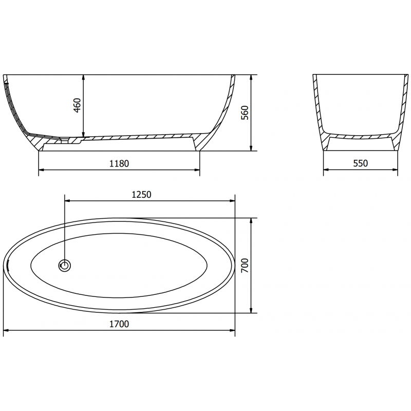 Mexen Prato свободностояща вана от конгломерат 170 x 70 см, черен мат - 57251707070