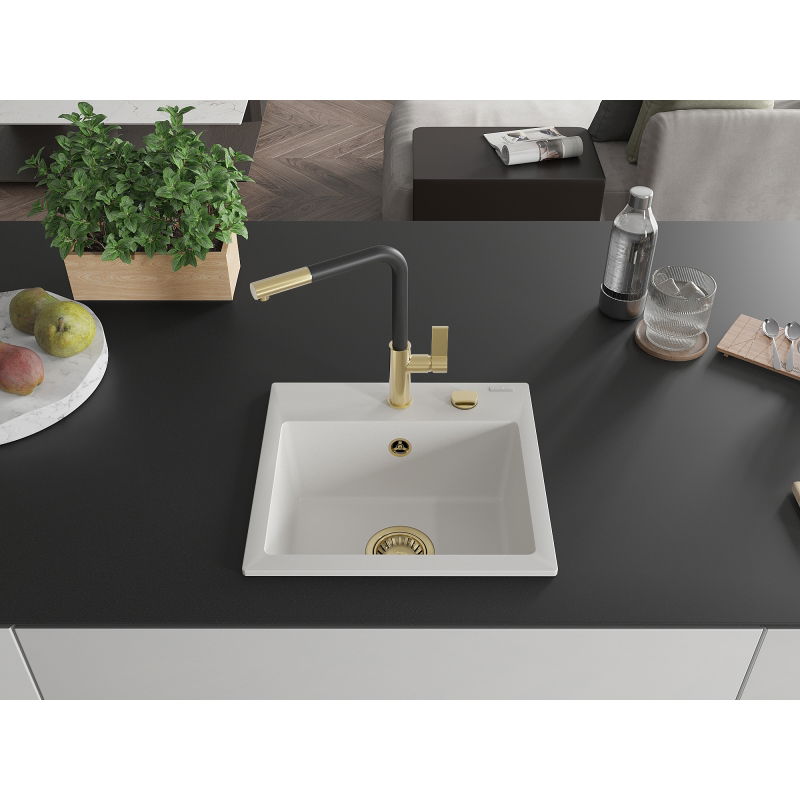 Mexen Milo мивка гранитна 1-камерна с кухненски смесител Flora, бяла - 6505-20-670401-57-G