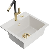 Mexen Milo мивка гранитна 1-камерна с кухненски смесител Flora, бяла - 6505-20-670401-57-G