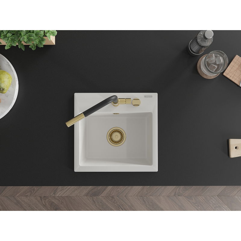 Mexen Milo мивка гранитна 1-камерна с кухненски смесител Flora, бяла - 6505-20-670401-57-G
