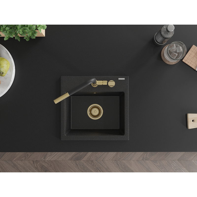 Mexen Milo мивка от гранит с 1 отделение и кухненски смесител Flora, черно/сребрист металик - 6505-73-670401-57-G