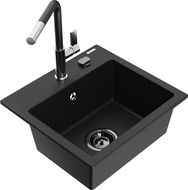 Mexen Milo кухненска мивка от гранит с една камера и кухненски смесител Flora, черен - 6505-77-670401-07-B