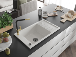 Mexen Elias гранитна кухненска мивка с една купа и отцедник и кухненски смесител Flora, бял - 6511-20-670401-57-B