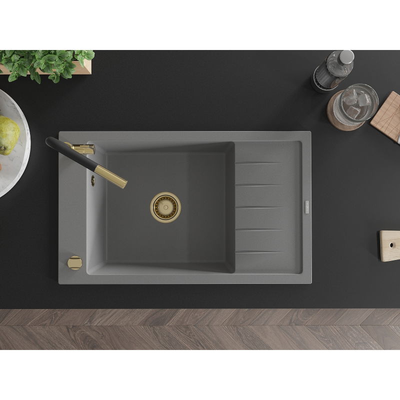 Mexen Elias мивка от гранит с 1 отделение с отцедник и кухненски смесител Flora, сив - 6511-71-670401-57-G