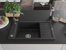 Mexen Elias гранитна мивка с 1 камера с отцедник и кухненски смесител Flora, черен/сребърен металик - 6511-73-670401-00