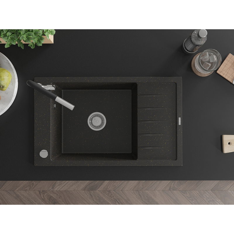Mexen Elias гранитна мивка с 1 отделение с отцедник и кухненски смесител Flora, черен/златен металик - 6511-75-670401-07