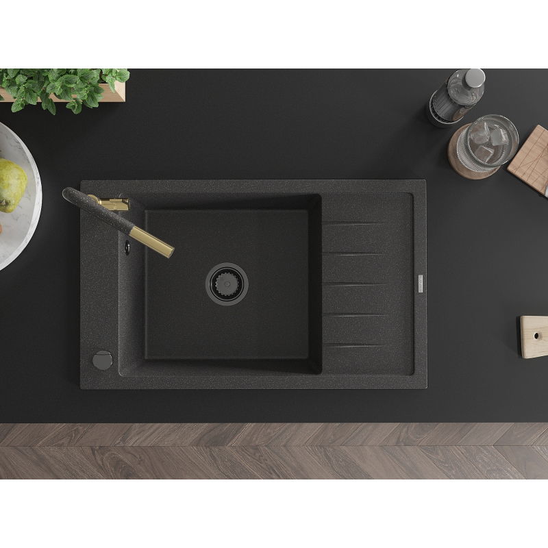 Mexen Elias гранитна мивка с 1 отделение с отцедник и кухненски смесител Flora, черен на пръски - 6511-76-670401-75-B