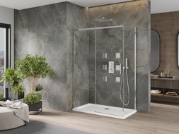 Mexen Omega плъзгаща се душ кабина 140 x 70 см, прозрачна, хром + корито Flat