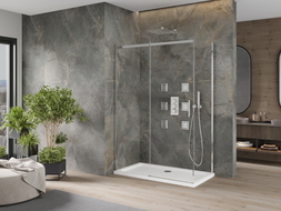 Mexen Omega плъзгаща душ кабина 140 x 80 см, прозрачна, хром + корито Flat