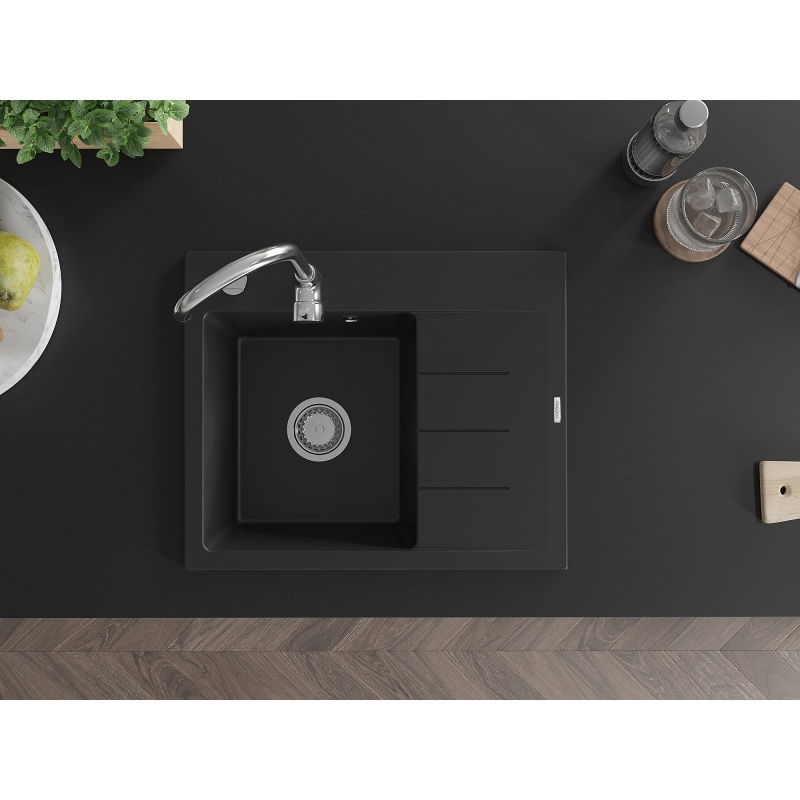 Mexen Ben гранитна кухненска мивка с 1 корито и плот, лява 600 x 500 мм, черна,