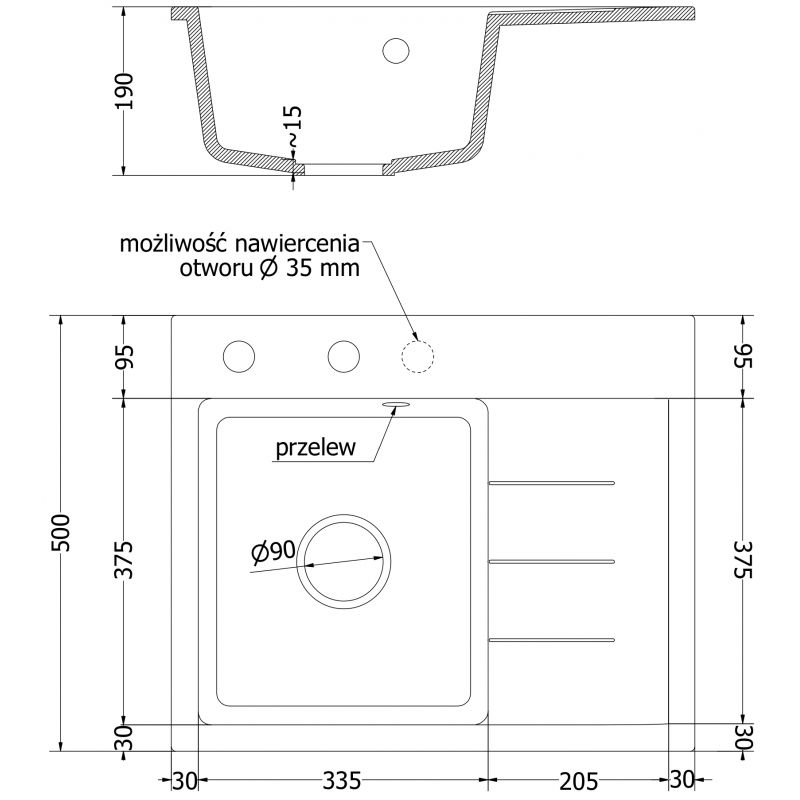 Mexen Ben гранитна кухненска мивка с 1 отделение с отцедник, лява 600 x 500 mm,