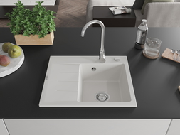 Mexen Ben гранитна мивка с 1 камера и плот, дясна 600 x 500 мм, бяла, хромиран