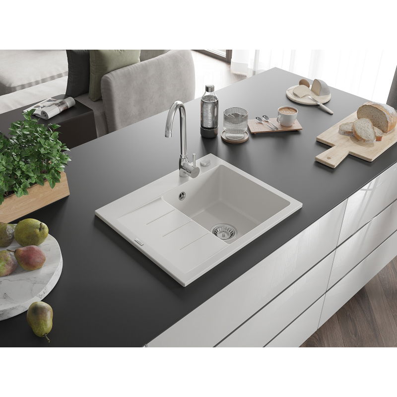 Mexen Ben гранитна мивка с 1 камера и плот, дясна 600 x 500 мм, бяла, хромиран