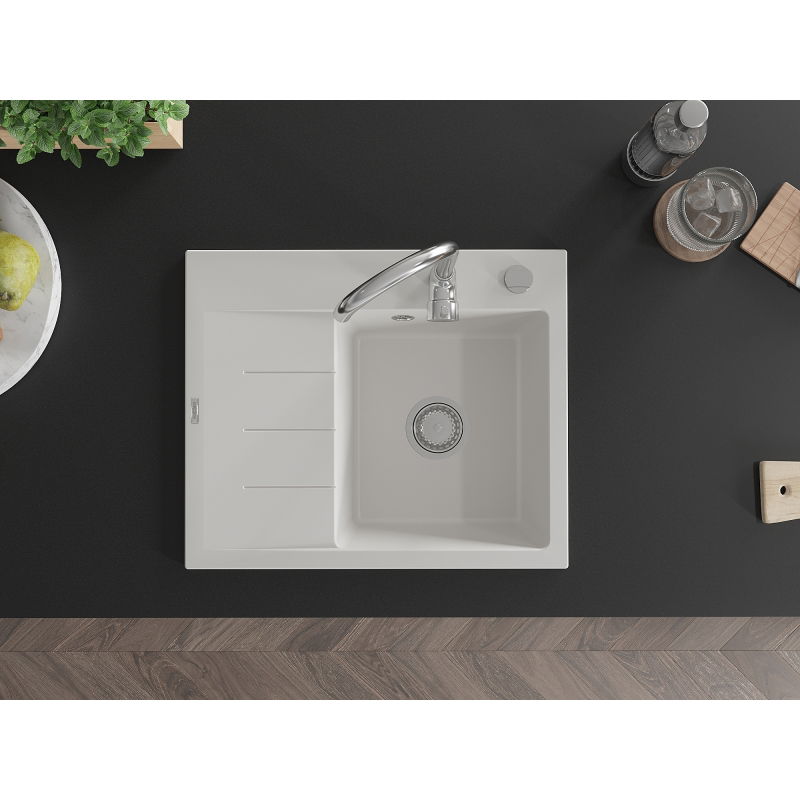 Mexen Ben гранитна мивка с 1 камера и плот, дясна 600 x 500 мм, бяла, хромиран