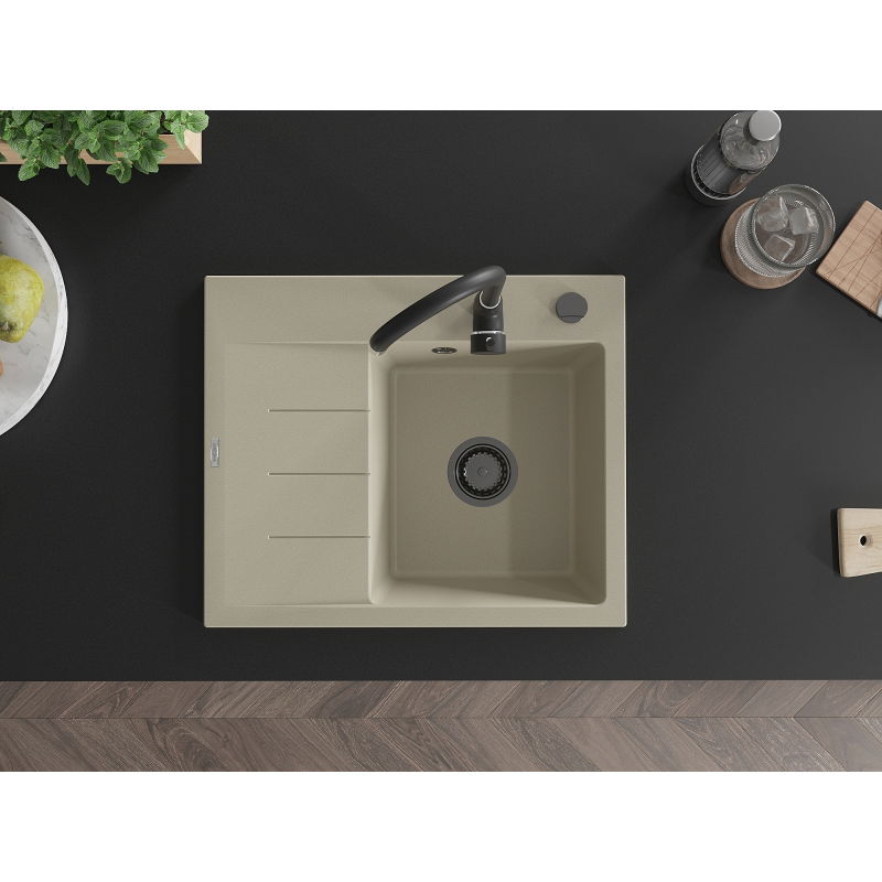 Mexen Ben гранитна мивка с 1 камера и дренаж, дясна 600 x 500 мм, бежова, черен