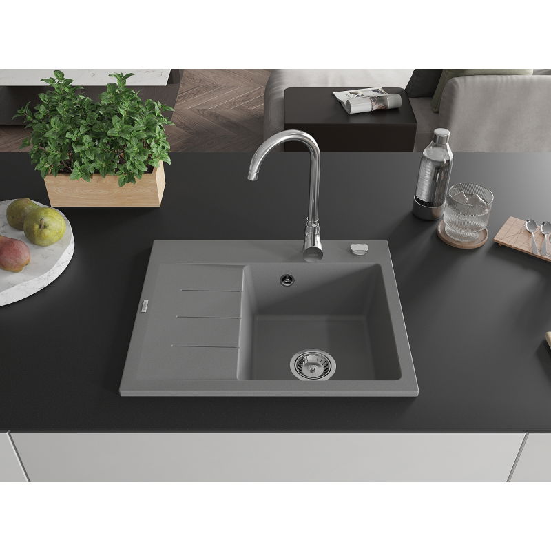 Mexen Ben гранитна мивка с една камера и отцедник, дясна 600 x 500 мм, сива,