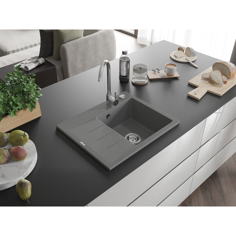 Mexen Ben гранитна мивка с една камера и отцедник, дясна 600 x 500 мм, сива,