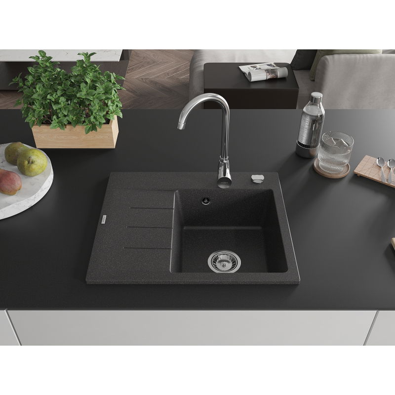 Mexen Ben гранитна мивка с една камера с отцедник, дясна 600 x 500 мм, черна на