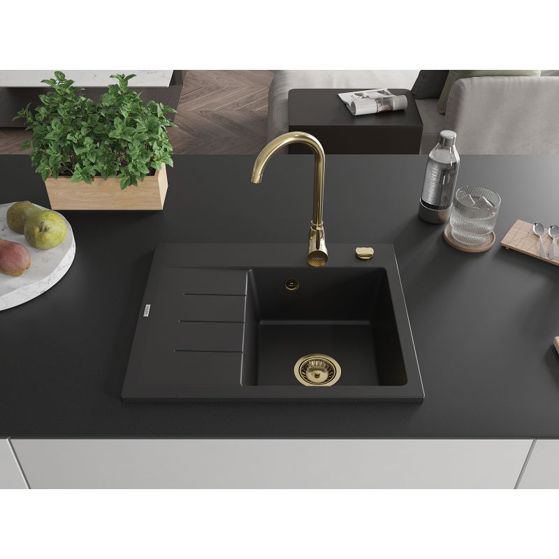 Mexen Ben гранитна мивка с 1 отделение и десен отцедник, 600 x 500 мм, черна,