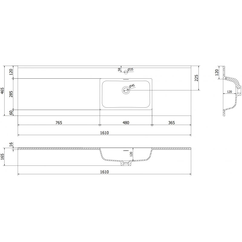 Mexen Otis мивка вградена в плот, дясна 161 x 46,5 см, бяла мат - 25181601P