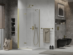 Mexen Lima сгъваема душ кабина 90 x 90 см, прозрачна, златна + душ корито Flat