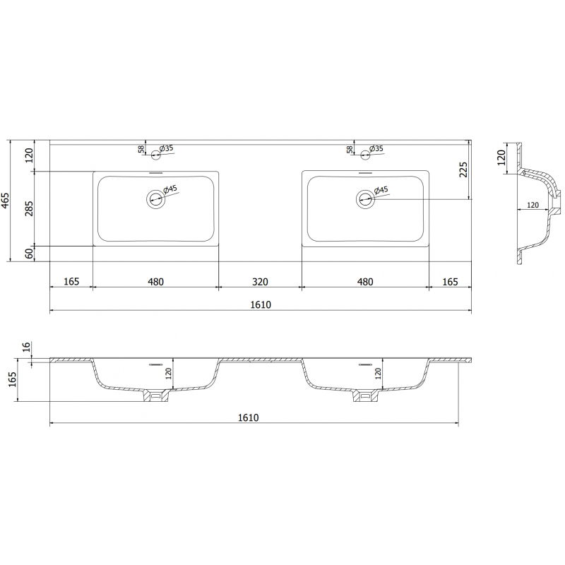 Mexen Otis вградена мивка с двоен плот 161 x 46,5 cm, черен мат - 25181671D