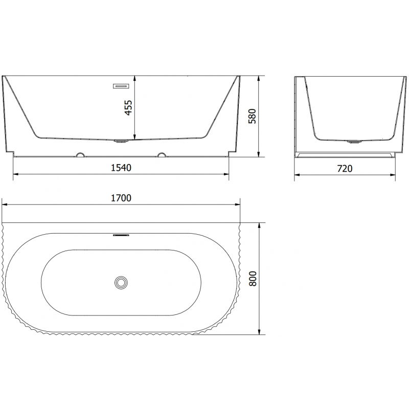 Mexen Sella свободностояща вана до стената, оребрена, 170 x 80 cm, бял гланц, преливник gun metal - 52711708000-95