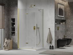 Кабина за душ Mexen Lima сгъваема 90 x 70 см, прозрачна, златиста + поддона Flat - 856-090-070-50-00-4010