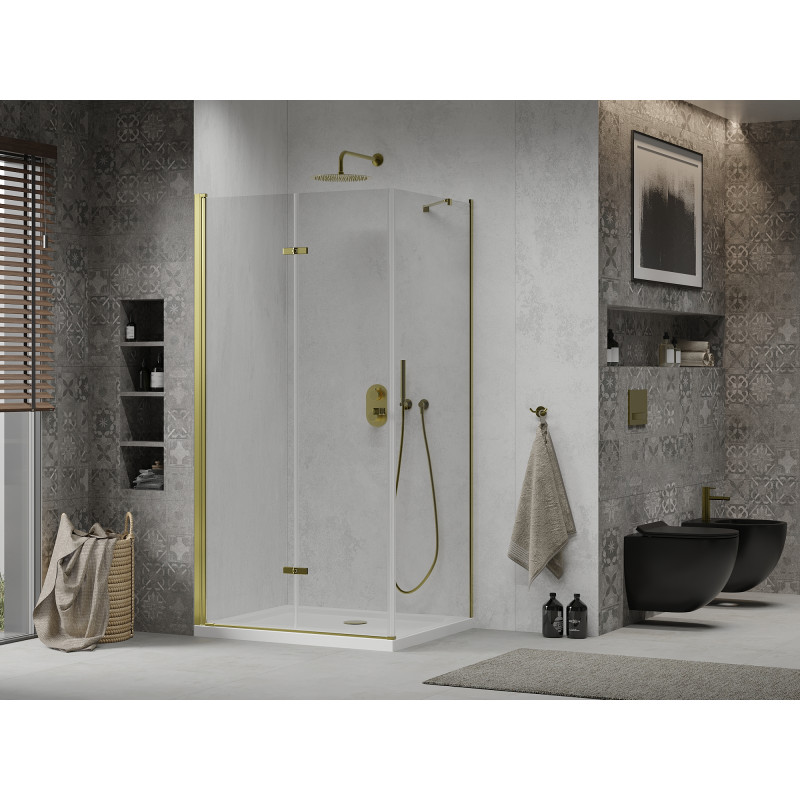 Mexen Lima сгъваема душ кабина 90 x 80 см, прозрачна, златна + корито Flat