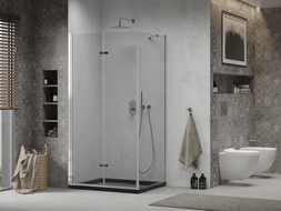 Mexen Лима сгъваща се душ кабина 120 x 80 см, прозрачна, хром + черна Flat душ тава - 856-120-080-01-00-4070