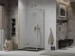 Mexen Lima сгъваема душ кабина 80 x 100 см, прозрачна, златна + поддушово корито Flat, черно - 856-080-100-50-00-4070G