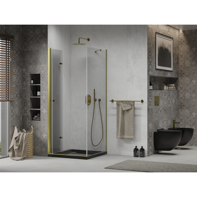 Mexen Lima сгъваема душ кабина 80 x 80 см, прозрачна, златна + тава Flat, черна