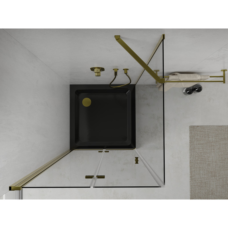 Mexen Lima сгъваем душ кабина 90 x 90 см, прозрачна, златна + подложка Flat, черна