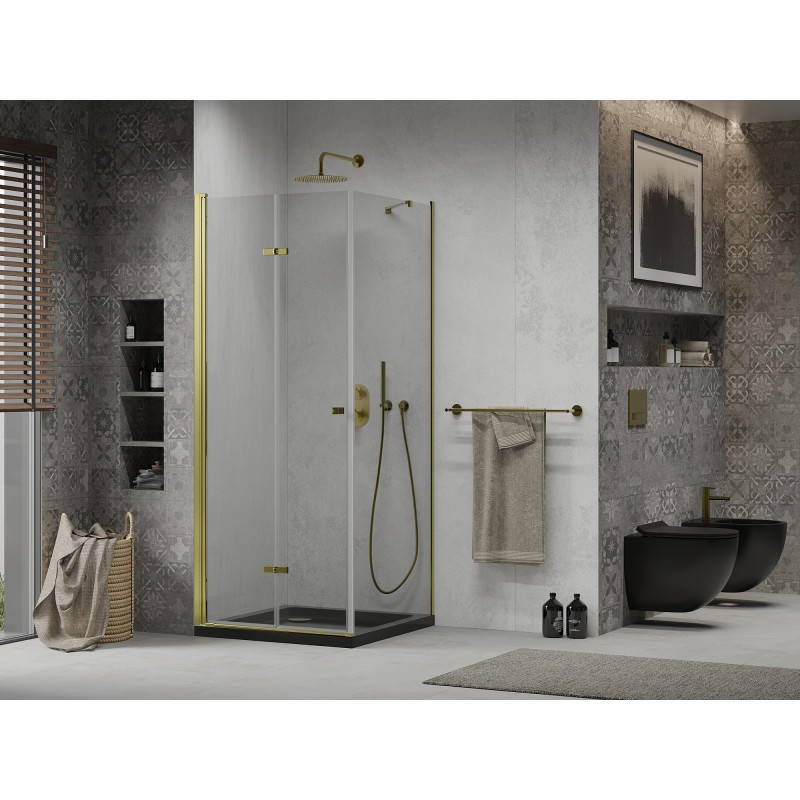 Mexen Lima сгъваем душ кабина 90 x 90 см, прозрачна, златна + подложка Flat, черна