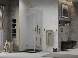 Mexen Лима сгъваем душ кабина 90 x 90 см, прозрачен, златен + душ под Flat, черен - 856-090-090-50-00-4070G