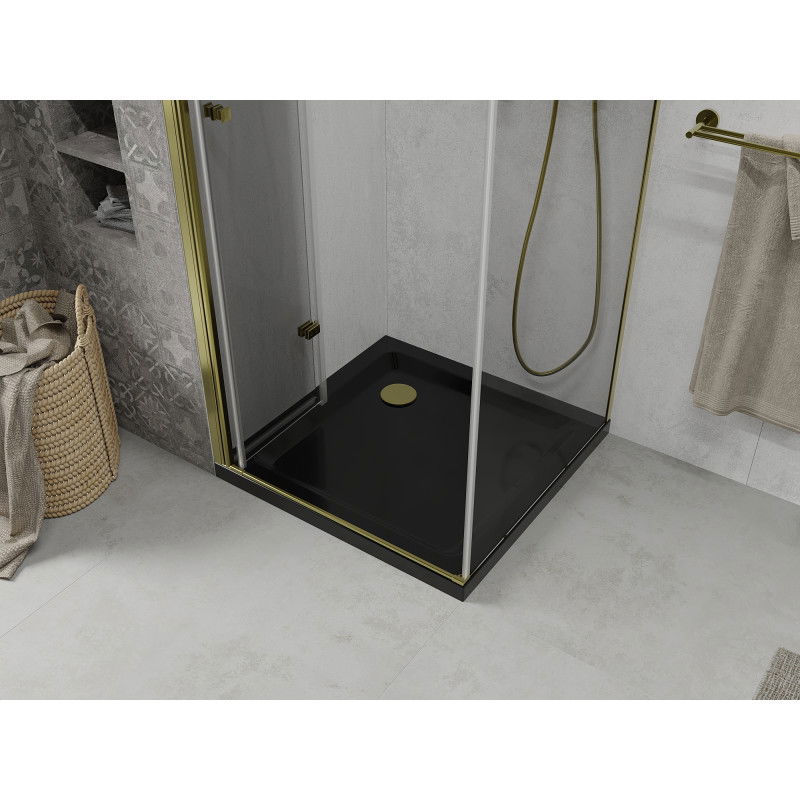 Mexen Lima душ кабина сгъваема 90 x 90 см, прозрачна, златна + корито Flat, черно - 856-090-090-50-00-4070G
