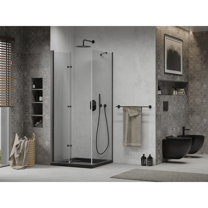 Mexen Lima сгъваема душ кабина 80 x 80 см, прозрачна, черна + поднос Flat, черен