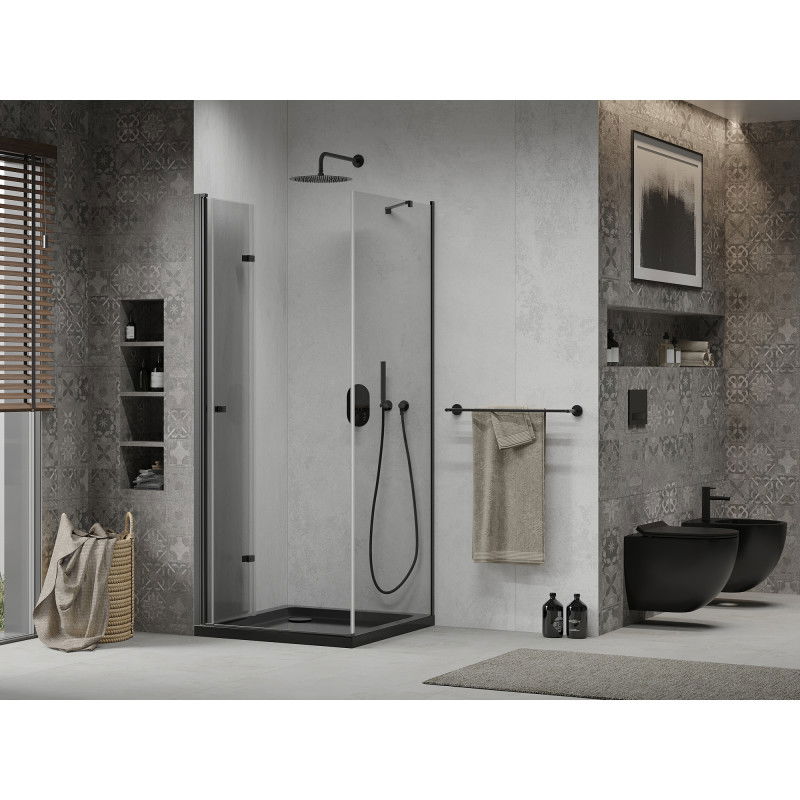 Mexen Lima сгъваема душ кабина 90 x 90 см, прозрачна, черна + корито Flat, черно - 856-090-090-70-00-4070B