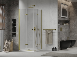 Mexen Lima Duo сгъваема душ кабина 70 x 70 см, прозрачна, златна + душ-подложка Flat - 856-070-070-50-02-4010G